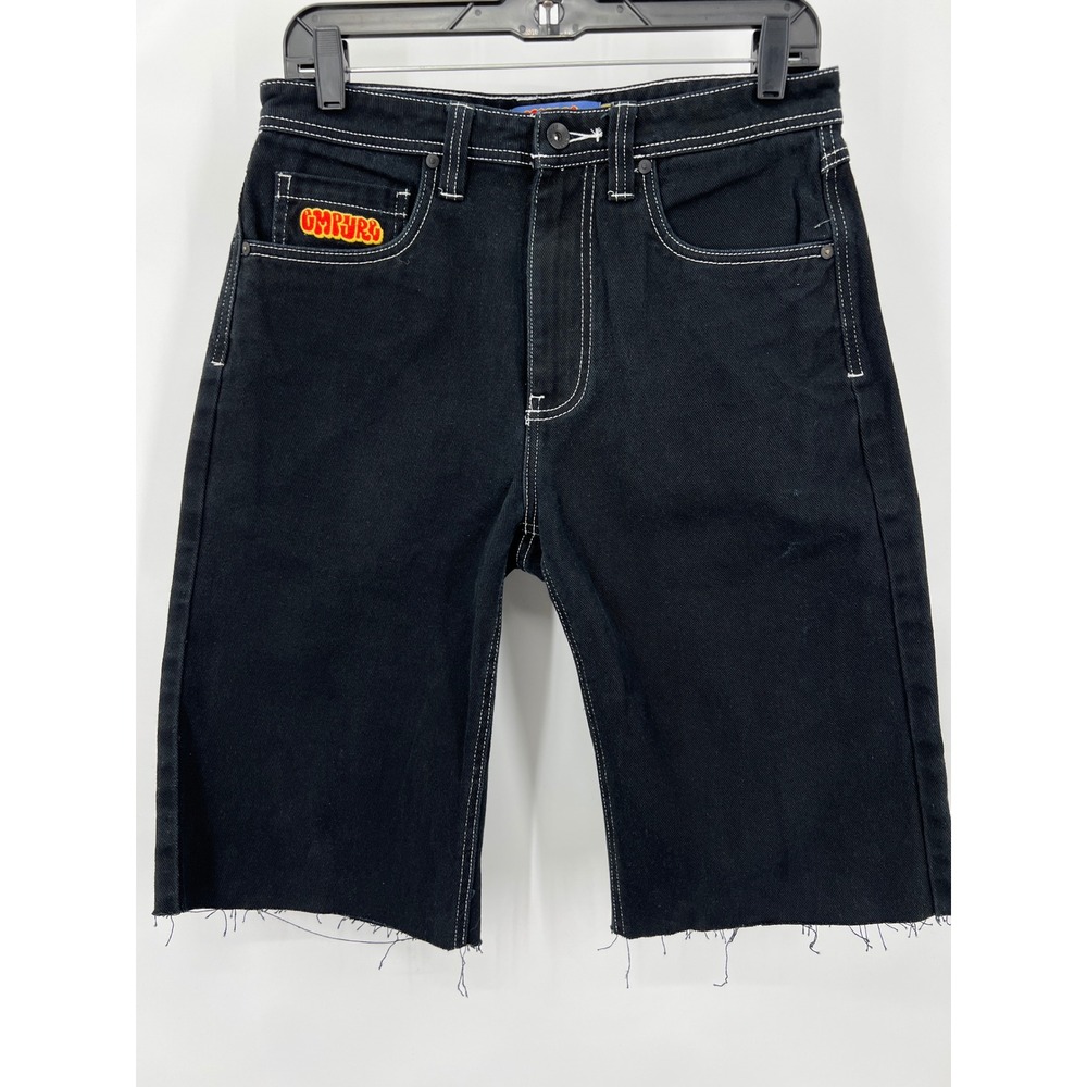 Empyre Mens 28 Black Denim Skate Shorts White Contrast Stitch‎ Raw Hem Cutoffs